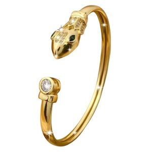 Luxury Glam Gold Overlay Zircon Lab Emerald Snake Bangle Cuff Statement